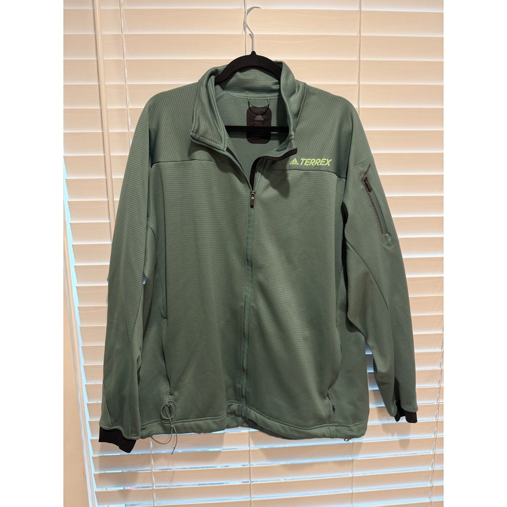 Adidas Terrex Mens 2XL Full Zip Fleece Jacket Sage Green Waffle Knit Hiking Coat